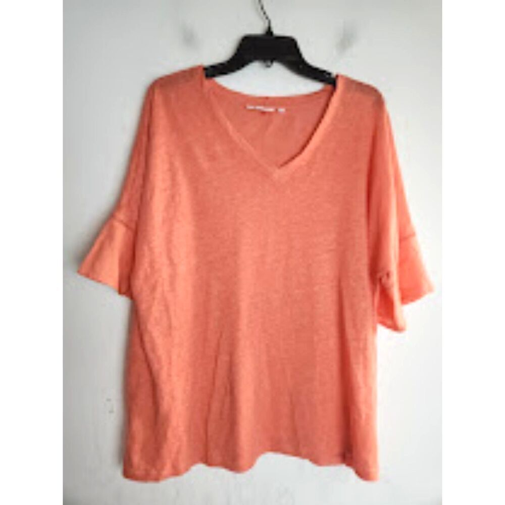 Chico's Orange Red Gauzy 100% Linen V-Neck Short Sleeve Blouse size 3 or US XL